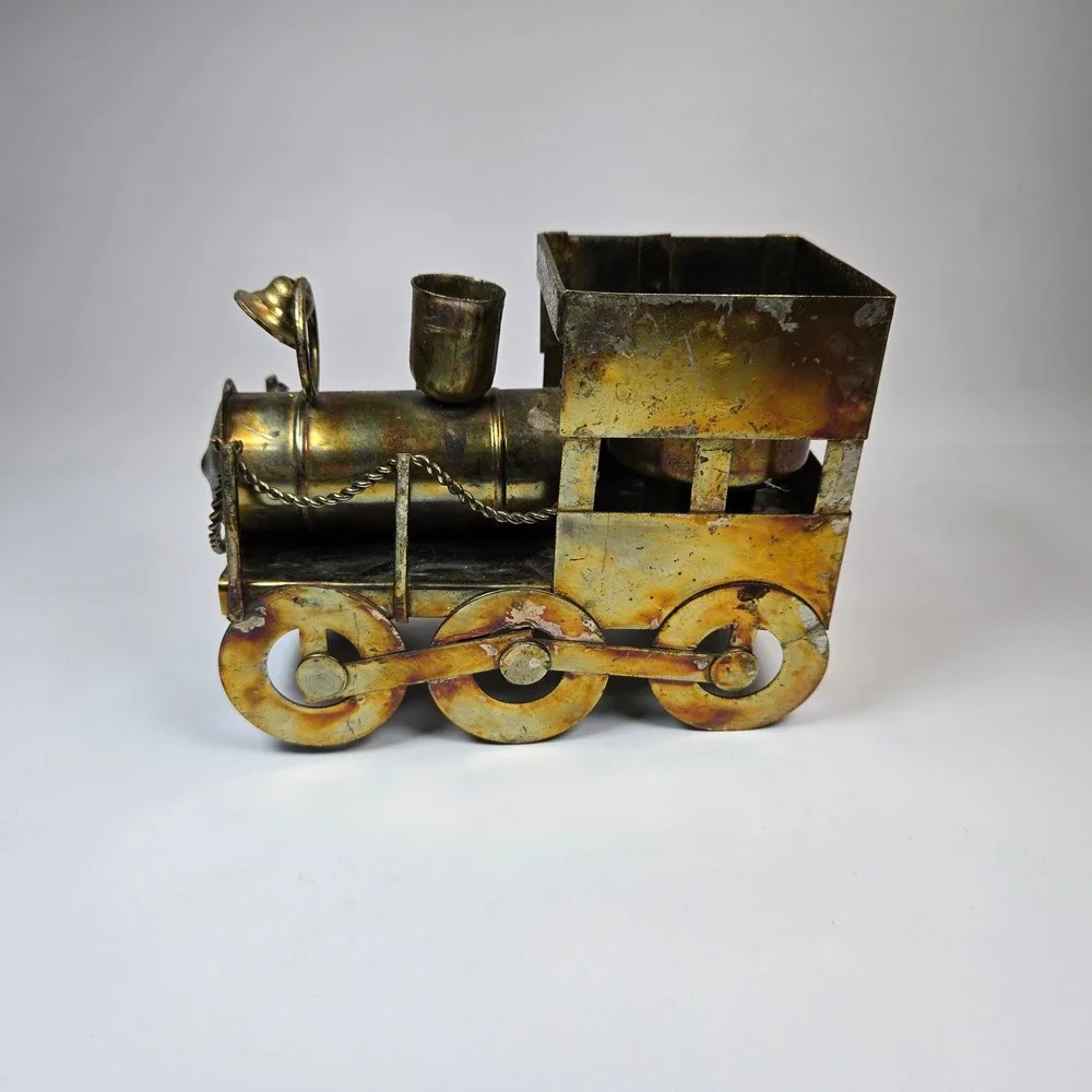 Vintage Metal Tin Train Railroad Engine Candle Holder Patina Copper Brass Tone‎